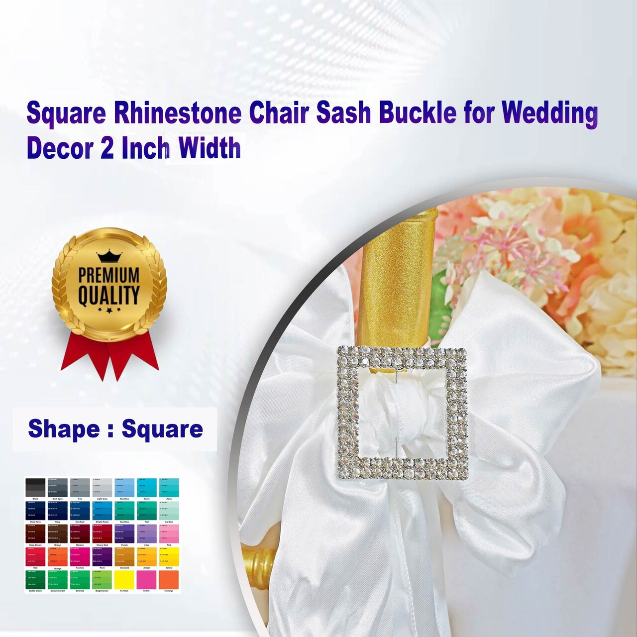 Square Rhinestone Chair Sash Buckle for Wedding Decor 2 Inch Width
